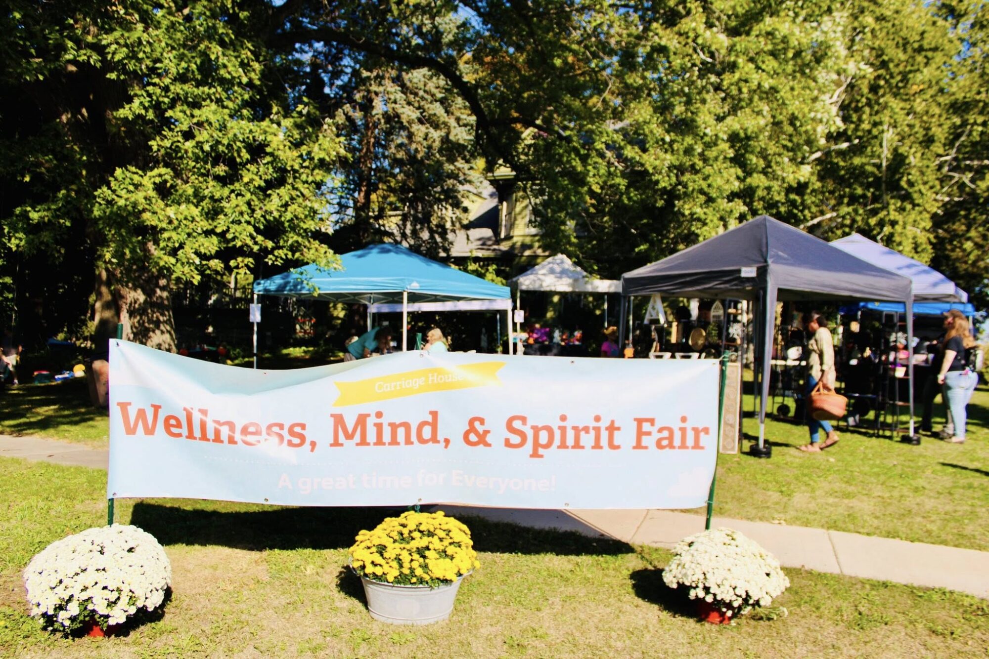 Outdoor wellness fair scene with blue and white tents, people browsing booths under trees; banner reads 'Wellness, Mind, & Spirit Fair'.